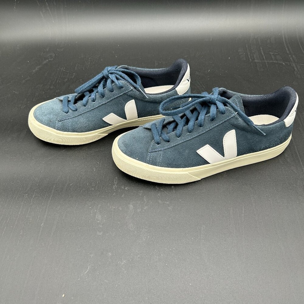 Veja Navy Blue Suede Sneakers with White V Logo
